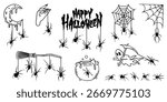 Black and white halloween vector silhouette set with spooky icons and elements.
