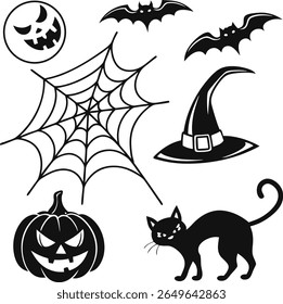 Black and white halloween vector silhouette set with spooky icons and elements