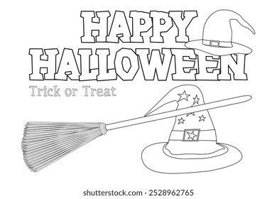 Black and white Halloween-themed coloring page featuring a witches hat, broom, and festive Happy Halloween text. Perfect for kids.