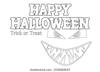 Dibujo para colorear en blanco y negro con temática de Halloween con una sonrisa y ojos espeluznantes, perfecto para que los niños y los adultos lo coloreen.