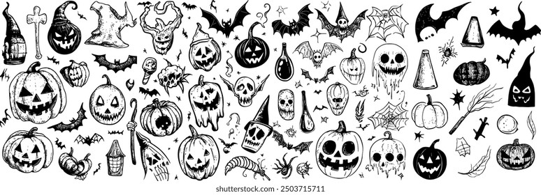 Black and white Halloween-themed doodle collection featuring a variety of spooky elements including jack-o'-lanterns, bats, skulls, spiders, and witches' hats. Halloween Doodle