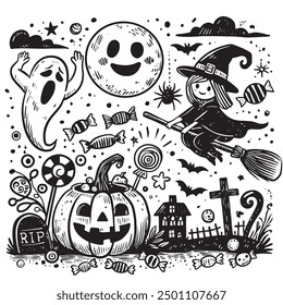 Black and white Halloween-themed doodle featuring a cute witch flying on a broom, a scared ghost, a jack-o'-lantern, candy, and other festive elements