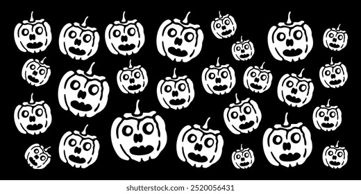 A black and white Halloween-themed illustration featuring multiple jack-o-lanterns with spooky, expressive faces. The pumpkins are arranged in a repeating pattern, creating a creepy yet playful design