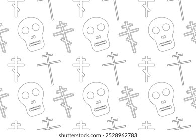 Black and white Halloween-themed pattern with skulls and crosses, perfect for a spooky coloring page or design project.