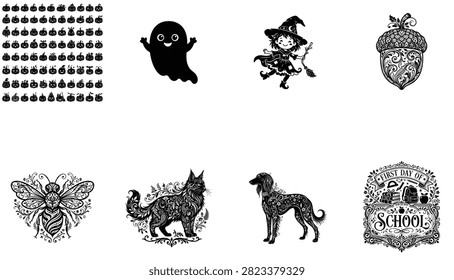 Black and white halloween-themed vector illustration set featuring ghost, witch, acorn, butterfly, black cat, dog, and school emblem