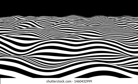 Black and white hallucination. Optical illusion. Twisted illustration. Abstract futuristic background of stripes. Dynamic wave. Vector.