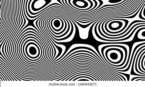 Black and white hallucination. Optical illusion. Twisted illustration. Abstract futuristic background of stripes. Dynamic wave. Vector.
