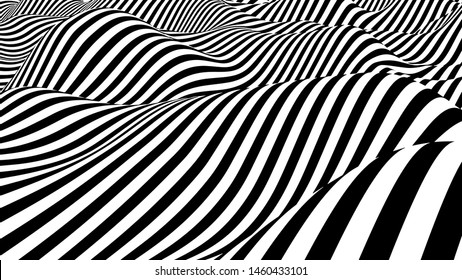 Black and white hallucination. Optical illusion. Twisted illustration. Abstract futuristic background of stripes. Dynamic wave. Vector.