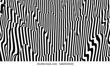 Black and white hallucination. Optical illusion. Twisted illustration. Abstract futuristic background of stripes. Dynamic wave. Vector.