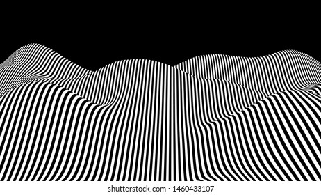 Black and white hallucination. Optical illusion. Twisted illustration. Abstract futuristic background of stripes. Dynamic wave. Vector.
