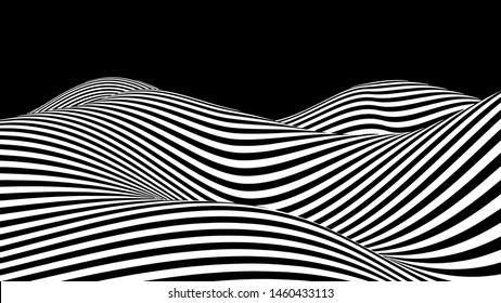 Black and white hallucination. Optical illusion. Twisted illustration. Abstract futuristic background of stripes. Dynamic wave. Vector.