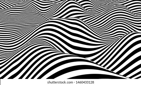 Alucinaciones en blanco y negro.Ilusión óptica. Ilustración torcida. Borde futurista abstracto de rayas. Ola dinámica. Vector.