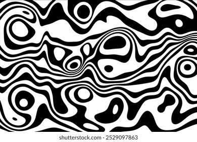 Black and white hallucination. Optical illusion. Twisted illustration. Abstract futuristic background of stripes. Dynamic wave. Vector.