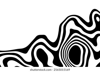 Black and white hallucination. Optical illusion. Twisted illustration. Abstract futuristic background of stripes. Dynamic wave. Vector.