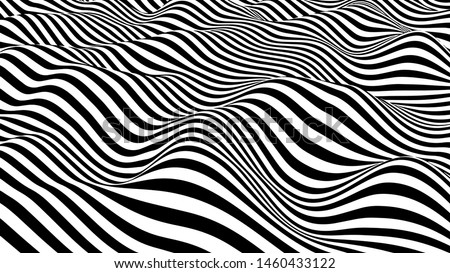Black and white hallucination. Optical illusion. Twisted illustration. Abstract futuristic background of stripes. Dynamic wave. Vector.