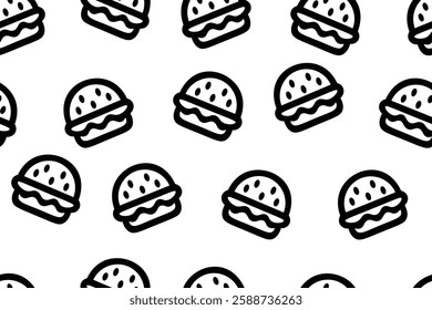 Black and White Hamburger Burger Icons Seamless Vector Pattern