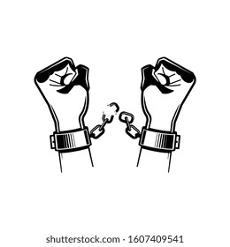 Black and white hand chain composition with hands of the prisoner breaking the chain vector illustration