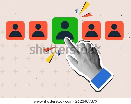 Black and white hand choosing a one person from list. Modern collage style. Vector illustration