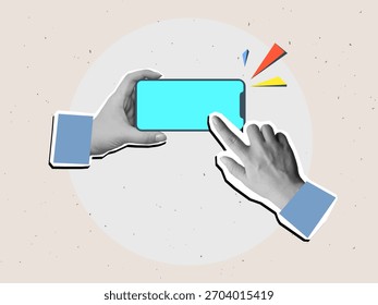 Schwarz-Weiß-Handklick auf einen horizontalen Telefonbildschirm. Moderner Fotocollagenstil. Vektorgrafik