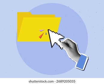 Black and white hand clicks a pixel cursor on a yellow folder. Modern collage style. Vector illustration