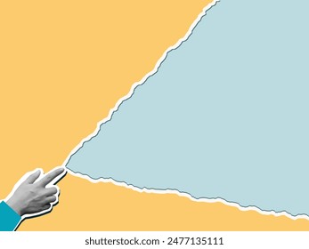 Black and white hand creates a background with a torn paper. Vector illustration in a modern collage style