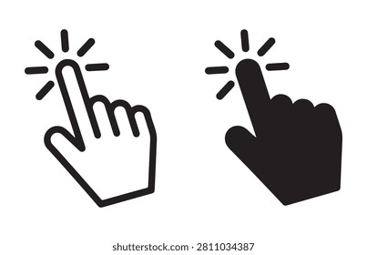 Black and white hand cursor icons with clicking effect for web interface design and computer programs.
