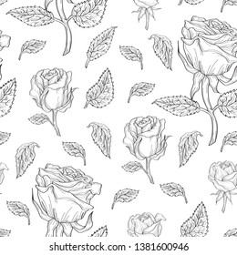 Black and white hand draw roses. Vector seamless pattern.