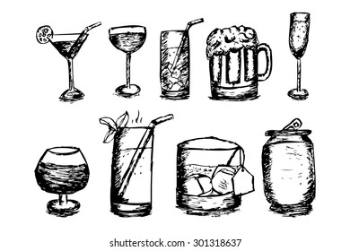 black and white hand draw sketch of glasses and can
