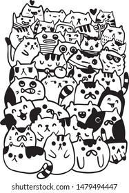 Black and white Hand draw vector, Cats characters style doodles illustration coloring for children.
