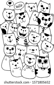 Black and white Hand draw vector, Cat Characters style doodles illustration coloring for children vector.