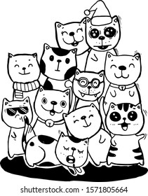 Black and white Hand draw vector, Cat Characters style doodles illustration coloring for children vector.