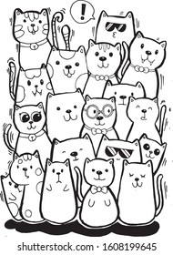 Black and white Hand draw vector, Cat Characters set style doodles illustration coloring for children vector.