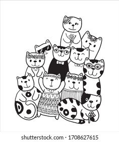 Black and white Hand draw vector, Cat Characters style doodles illustration for children vector.