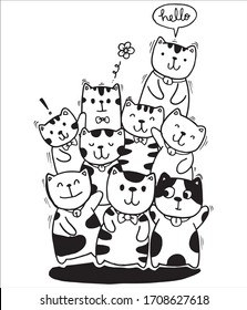 Black and white Hand draw vector, Cat Characters style doodles illustration for children vector.