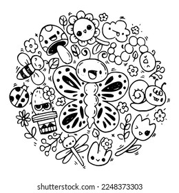 Black and white Hand draw vector, Garden Characters set style doodles illustration coloring for children vector.