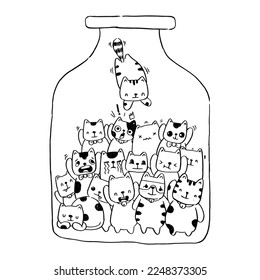 Black and white Hand draw vector, Cat Characters set style doodles illustration coloring for children vector.
