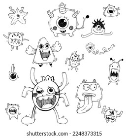 Black and white Hand draw vector, Monster Characters set style doodles illustration coloring for children vector.