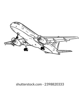 a black and white hand drawing of Airplane, with a white background,