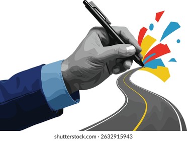 Black and white hand drawing a asphalt road. Modern photo collage style. 