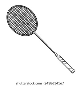 a black and white hand drawing Badminton racket, with a white background