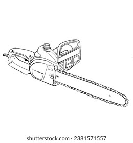 a black and white hand drawing of Chainsaw , with a white background,