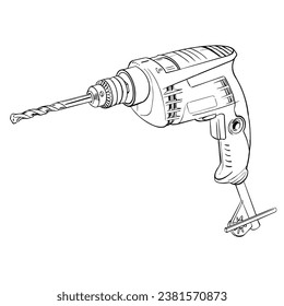 a black and white hand drawing of Drill , with a white background,