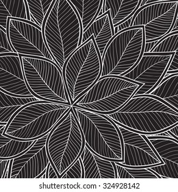 Black and white hand drawing floral pattern. Doodle leaves.