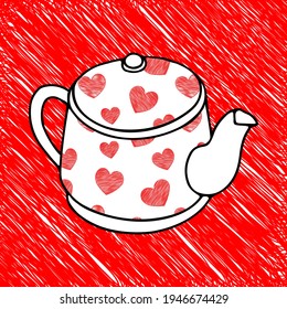 Black and white hand drawing illustration of a metal or clay kettle with heart pattern and hot water for tea isolated on a red scribble background