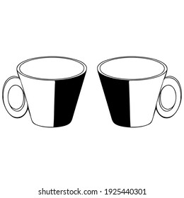 Black and white hand drawing outline vector illustration of two cups for hot tea or coffee isolated on a white background