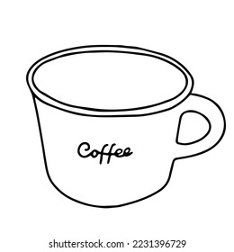 Black and white hand drawing outline vector illustration of a cup for hot coffee with lettering Coffee isolated on a white background