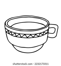 Black and white hand drawing outline vector illustration of a cup for hot tea or coffee with ornament isolated on a white background