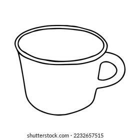 Black and white hand drawing outline vector illustration of a cup for hot tea or coffee isolated on a white background