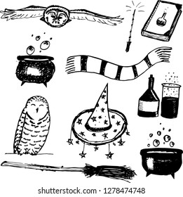 
Black and white hand drawing set of magical items. Cauldron, owls, scarf, magic wand, alchemy book, witches hat with stars, tinctures. Set for magic school.