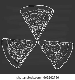 black and white hand drawing set of delicious pizza with three type of topping such as mushroom and pepperoni on chalkboard background